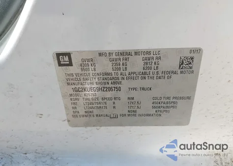 2017 Chevrolet Silverado 2500Hd Wt z USA, uszkodzony, nr VIN 1GC2KUEG9HZ206750